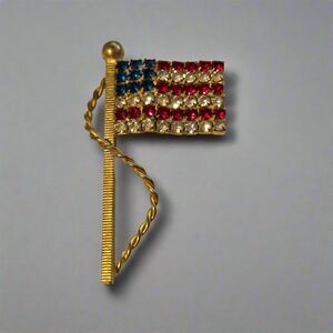 Vintage Rhinestone American Flag Brooch – Patriotic Red, White & Blue Pin